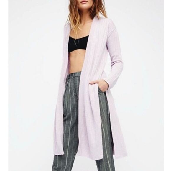 free people | ribby rib lavender ribbed long sleeve side split cardigan sz S - Picture 1 of 11